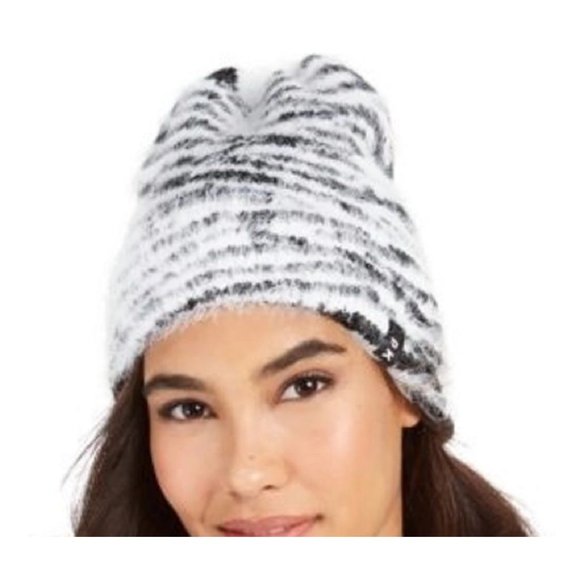 DKNY Fuzzy Animal Print Beanie White/Black (444) - Picture 2 of 4